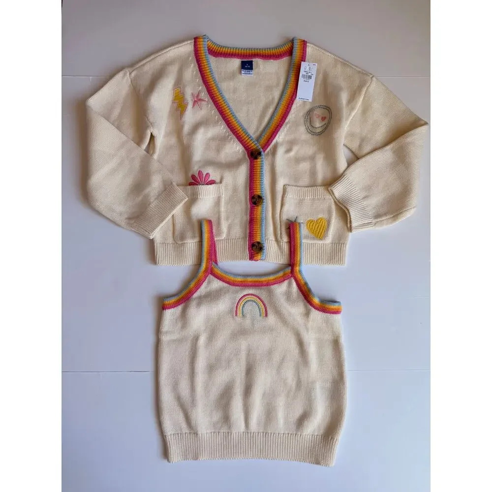Old Navy Knit Embroidered Cardigan & Tank Top Set 100% Cotton Girls Small 6-7